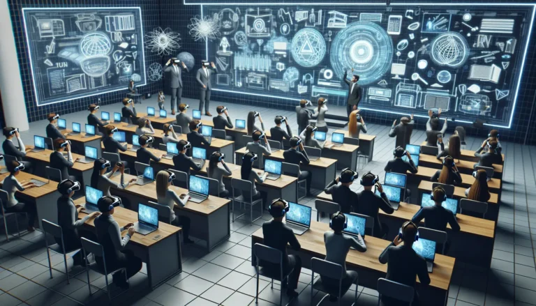 Studente che indossa un visore di realtà virtuale mentre interagisce con contenuti educativi immersivi.