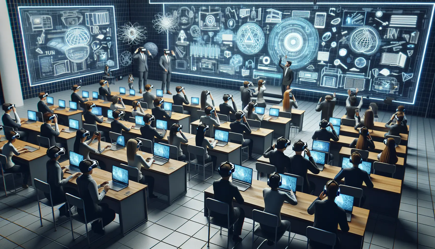 Studente che indossa un visore di realtà virtuale mentre interagisce con contenuti educativi immersivi.