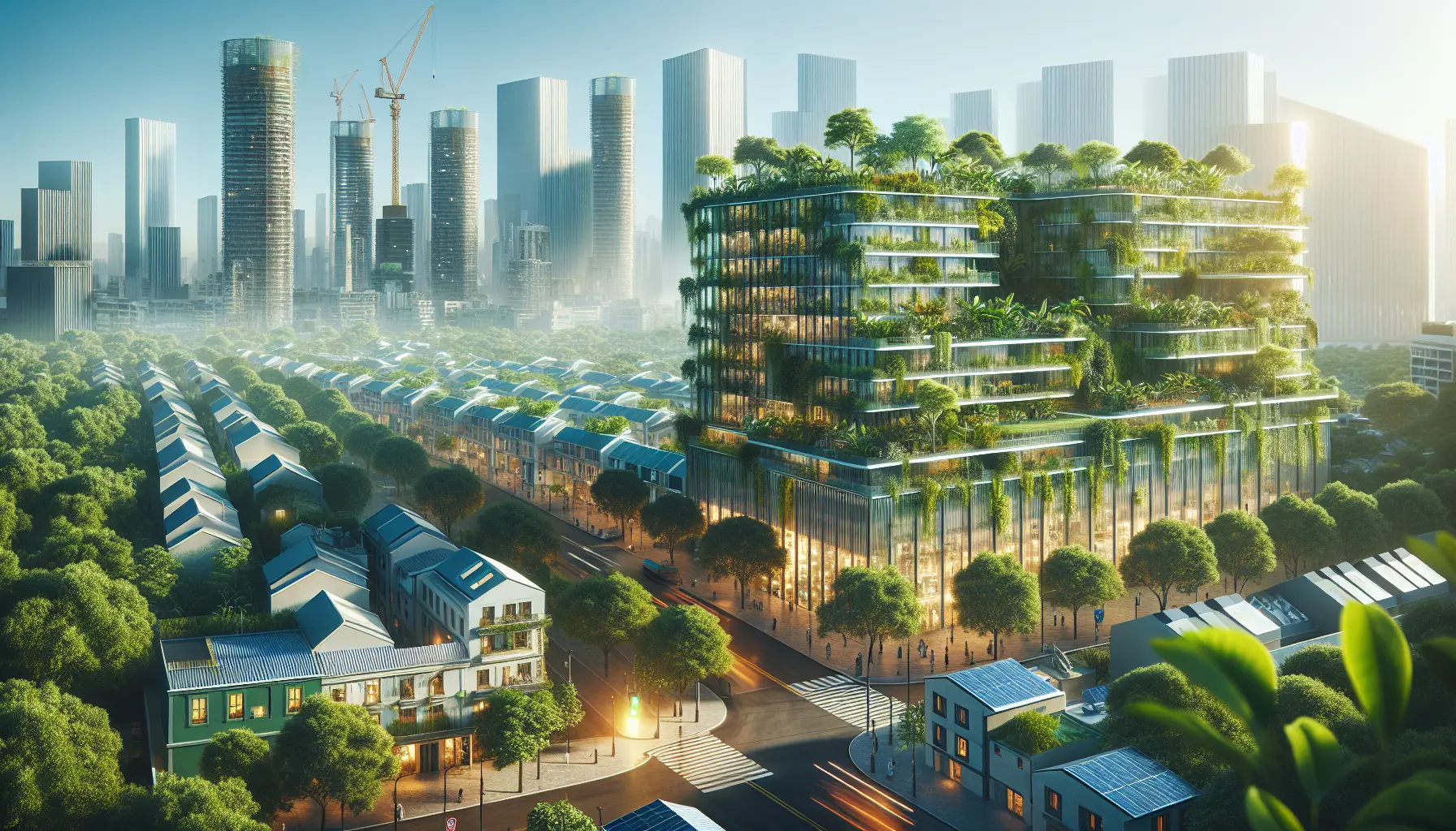 Un edificio verde con giardini verticali e pannelli solari che si integra armoniosamente nel paesaggio urbano.