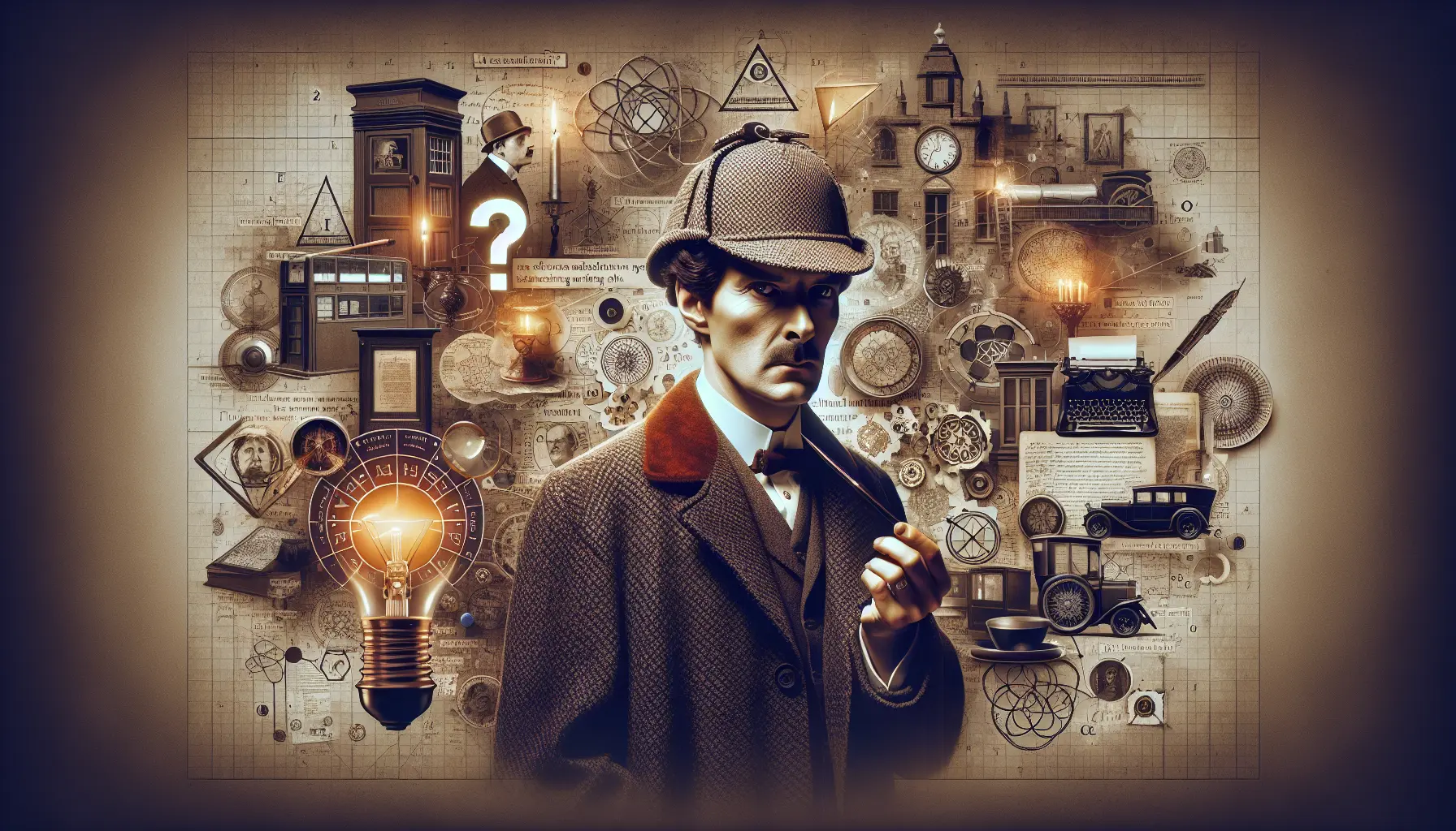 Ritratto di Arthur Conan Doyle con un libro di Sherlock Holmes sul tavolo
