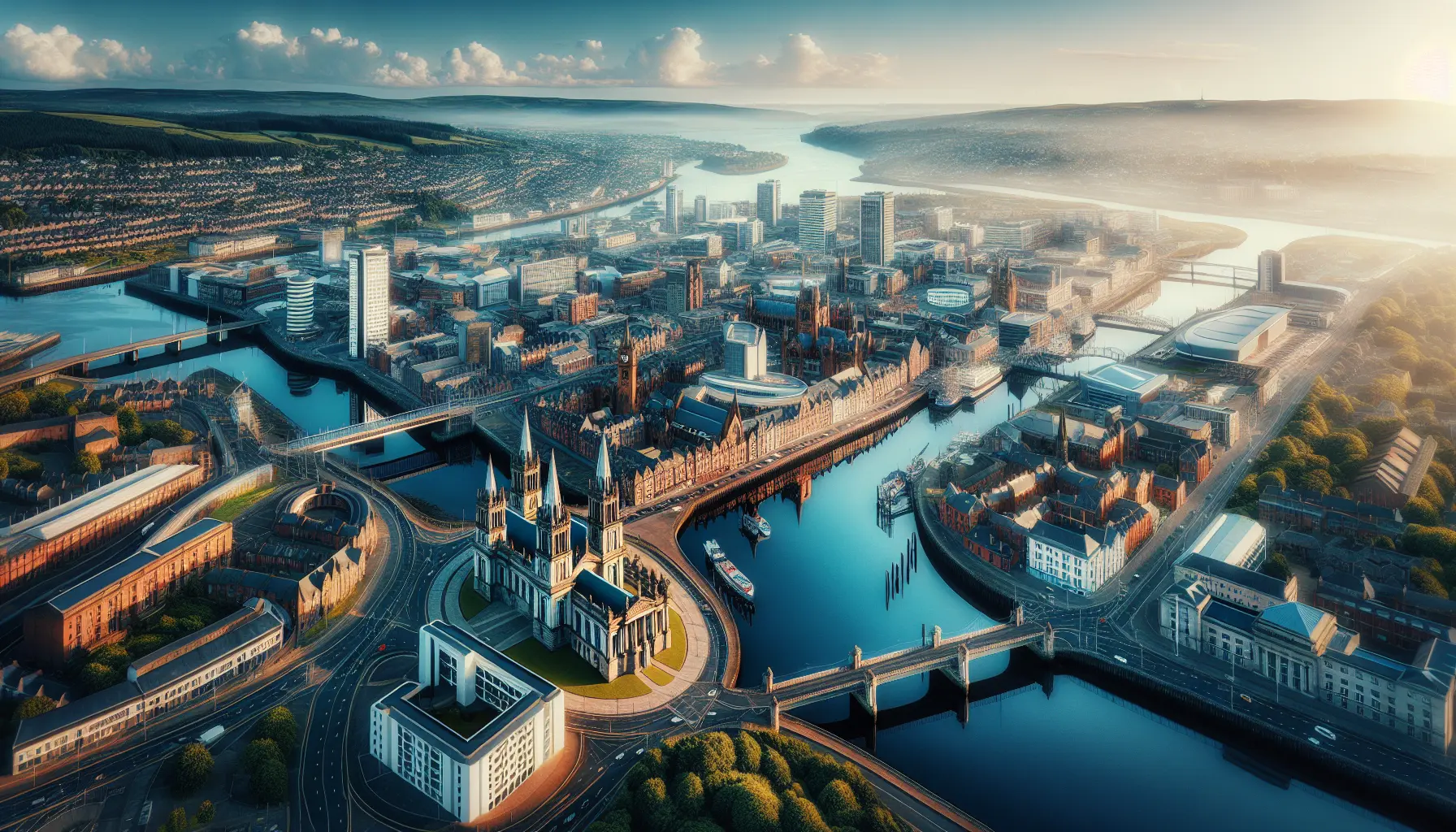Panorama di Belfast con il Municipio e il fiume Lagan sullo sfondo, che mostra l'architettura storica e moderna.
