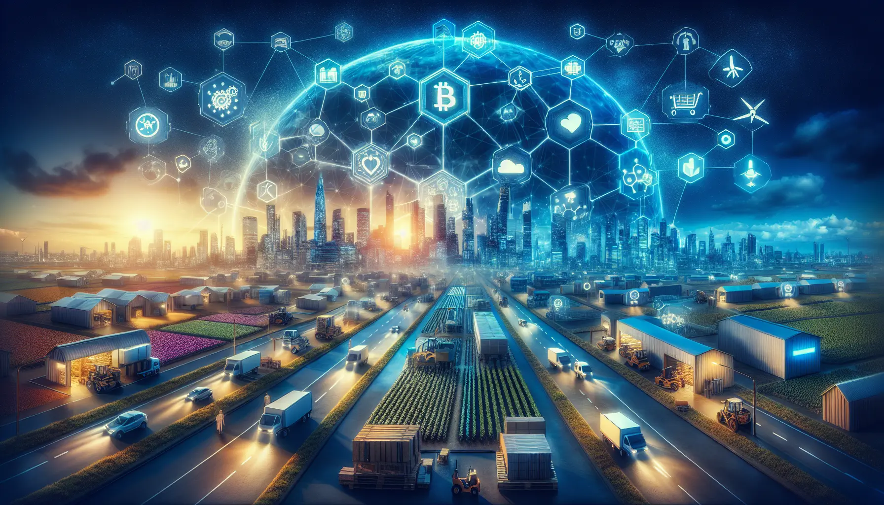 Rappresentazione grafica della tecnologia blockchain con nodi e catene di dati