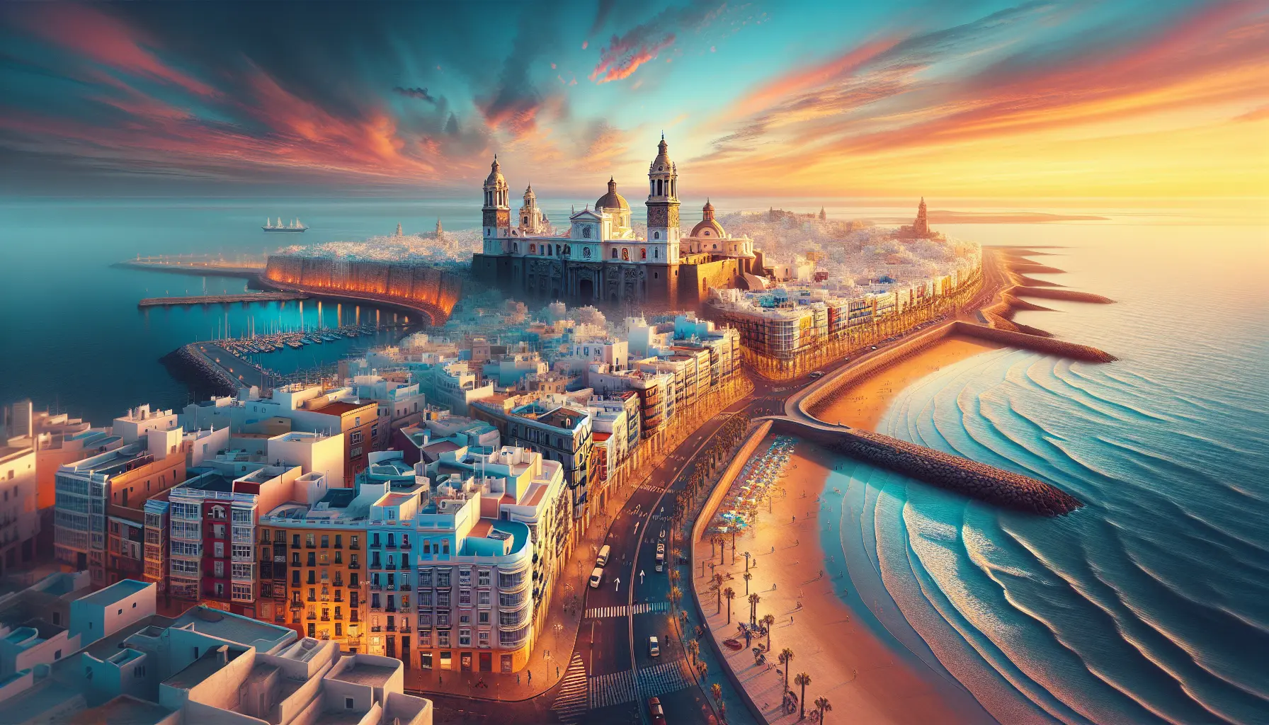 Vista panoramica di Cadice con il mare e la cattedrale sullo sfondo