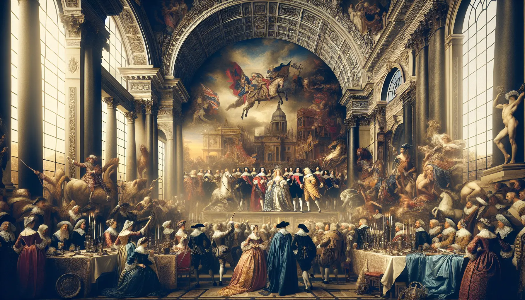 Ritratto di Carlo II d'Inghilterra in abiti regali, circondato da simboli di cultura e arte del suo tempo.