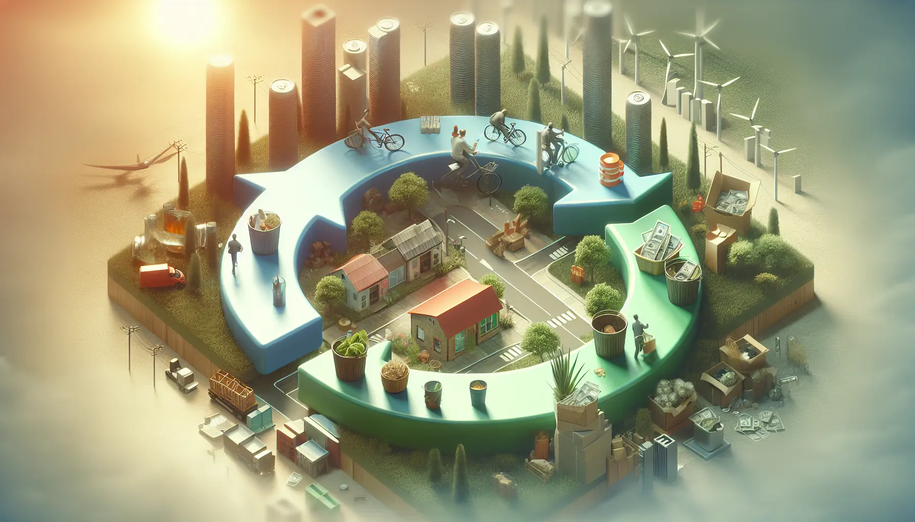 Un giovane che esplora opzioni di economia circolare, come il riutilizzo e il riciclo di oggetti per risparmiare denaro.