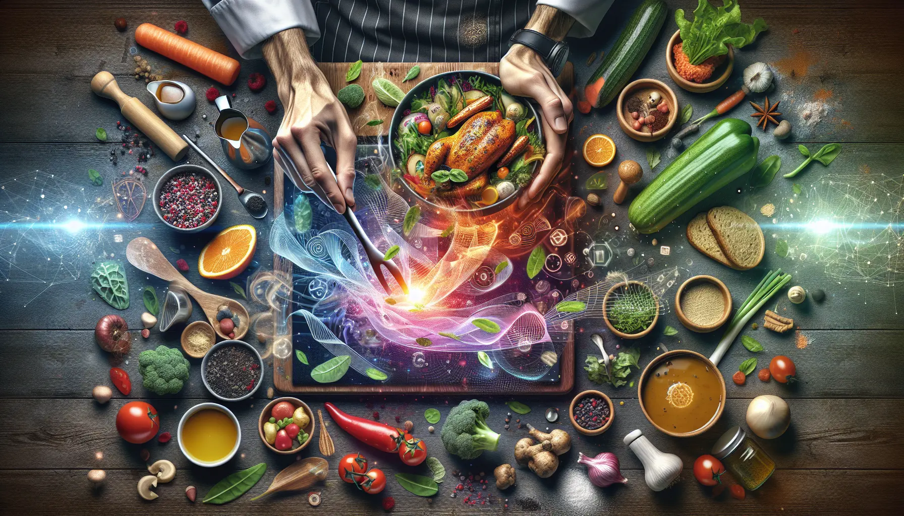 Un piatto colorato e creativo che rappresenta la cucina sensoriale con ingredienti freschi e variopinti.