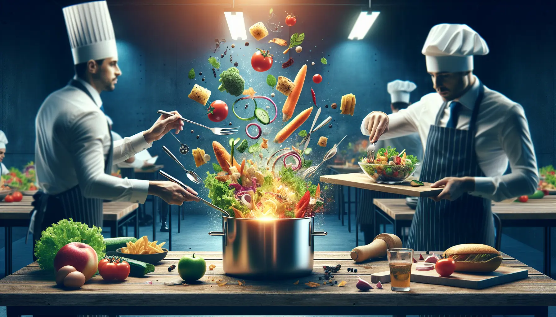 Un piatto gourmet a base di ingredienti stagionali e scarti alimentari, come pesto di foglie di carota e brodo aromatico.