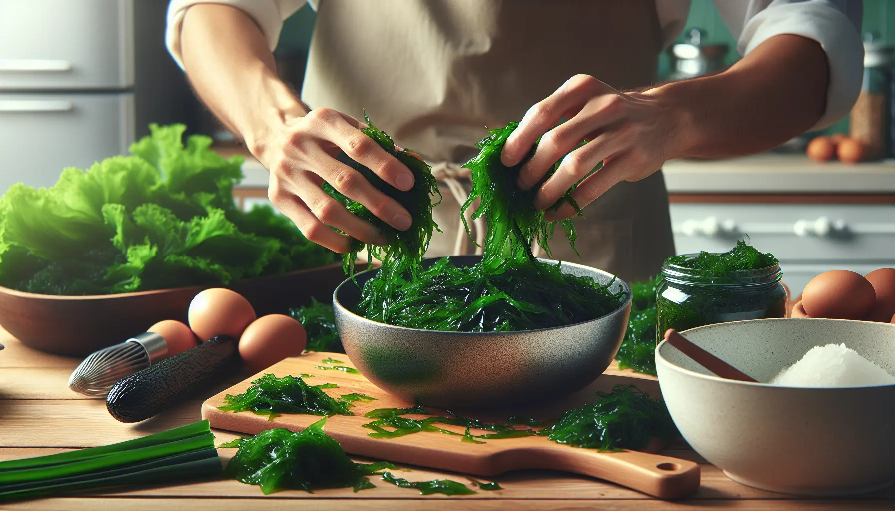 Varie tipologie di alghe fresche e secche disposte su un tavolo di legno, pronte per essere utilizzate in cucina.