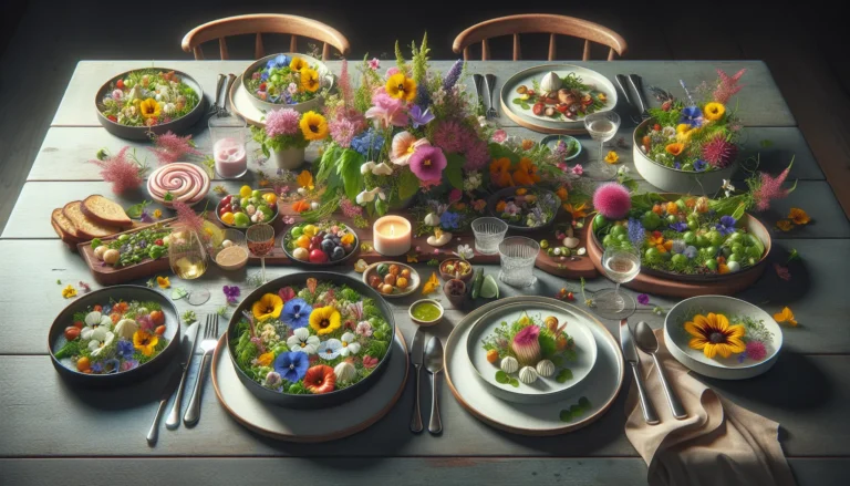 Un piatto colorato decorato con fiori commestibili freschi, pronto per essere servito