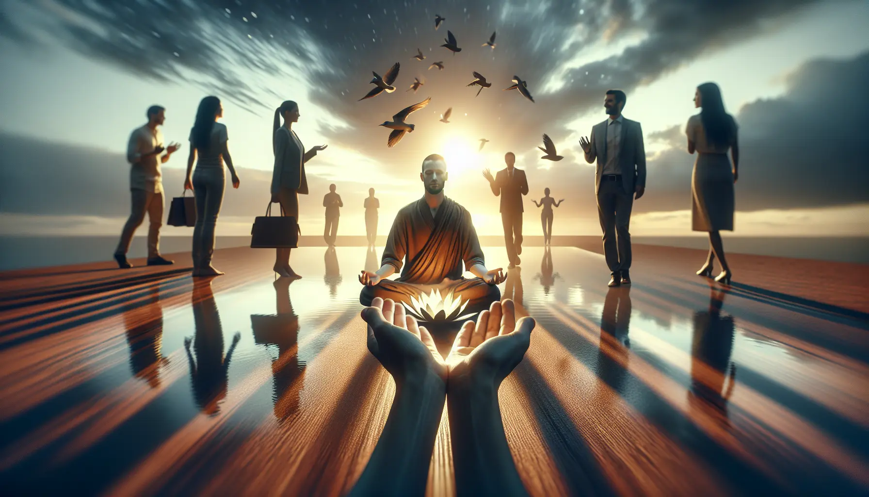 Un gruppo di persone che praticano yoga in un ambiente sereno, rappresentando la cultura del benessere e la ricerca della felicità.