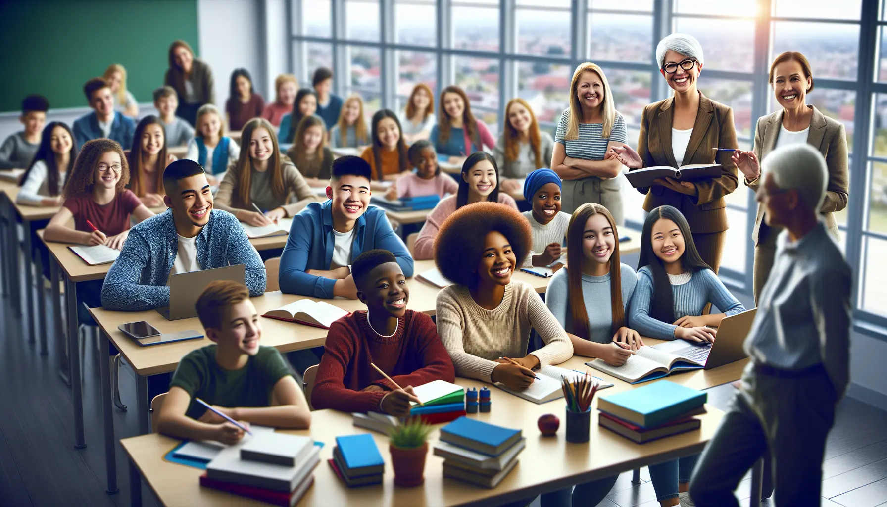 Un'aula diversificata con studenti di diverse etnie e abilità che collaborano insieme.