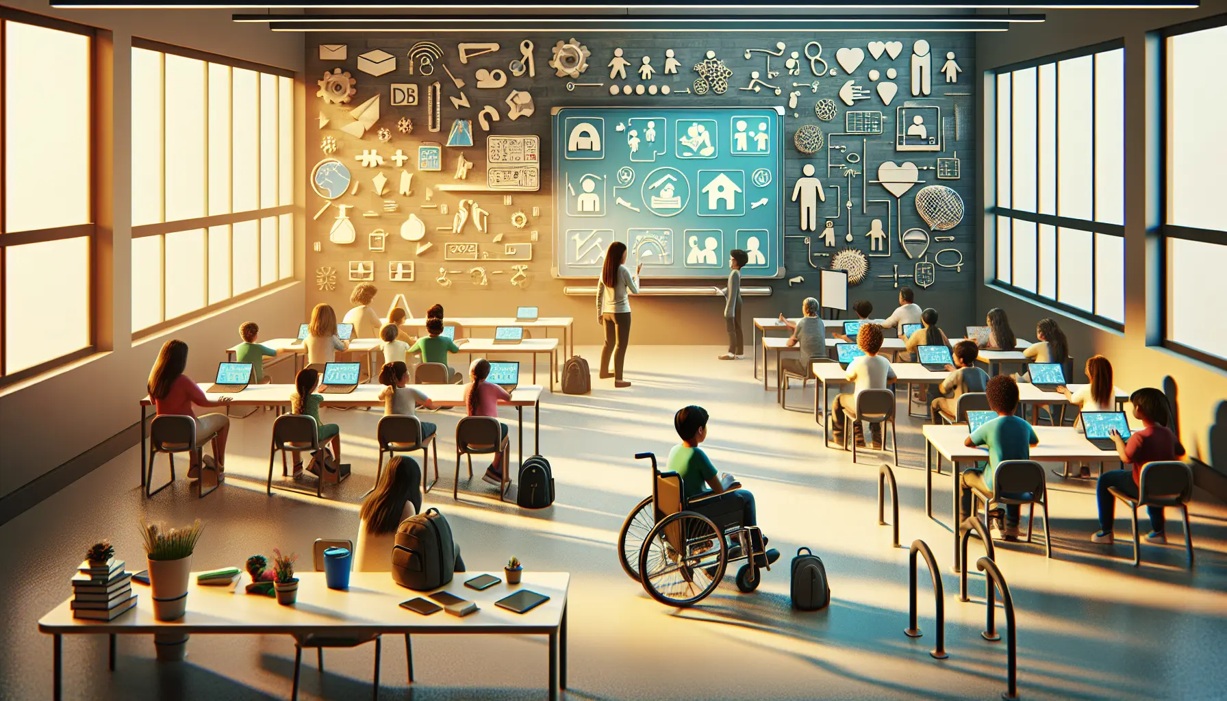 Un'aula scolastica inclusiva con studenti di diverse abilità che collaborano insieme.