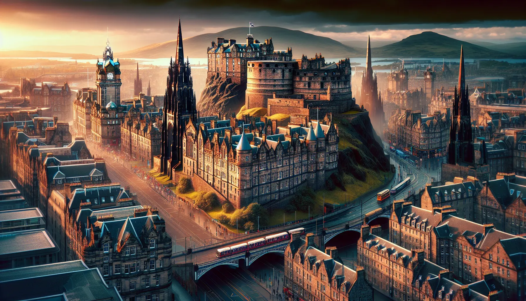 Vista panoramica di Edimburgo con il Castello sullo sfondo e le strade storiche affollate di turisti.