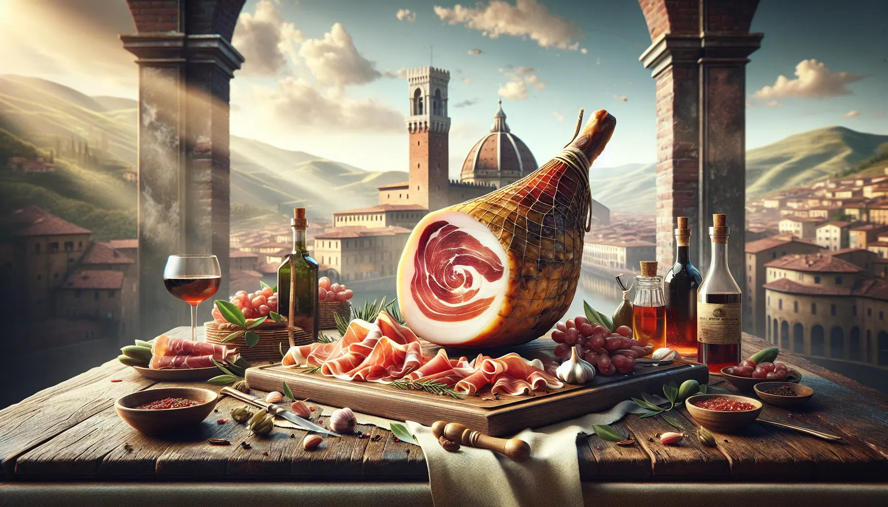 Fette di prosciutto di San Daniele su un tagliere di legno, circondate da erbe fresche e frutta.