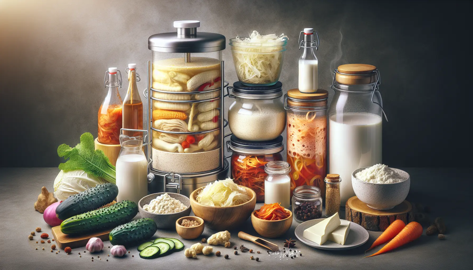 Barattoli di verdure fermentate, tra cui kimchi e crauti, su un tavolo di legno, circondati da spezie e ingredienti freschi.