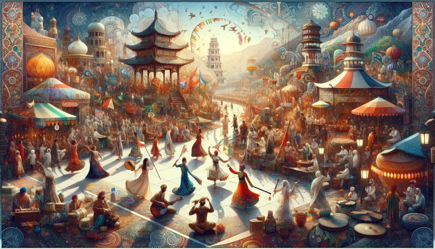 Un gruppo di persone che partecipano a un festival culturale, circondati da decorazioni colorate e esibizioni artistiche.