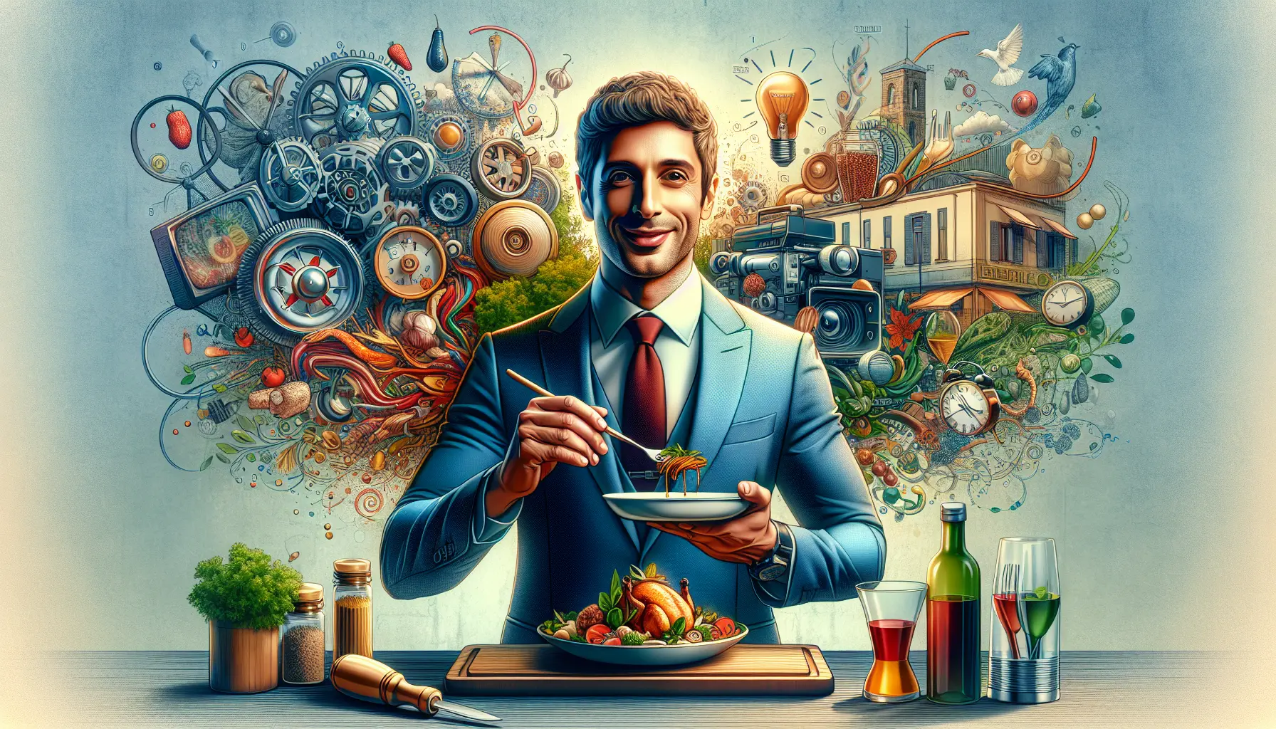 Flavio Montrucchio mentre cucina in un ristorante, circondato da ingredienti freschi e attrezzature da cucina.