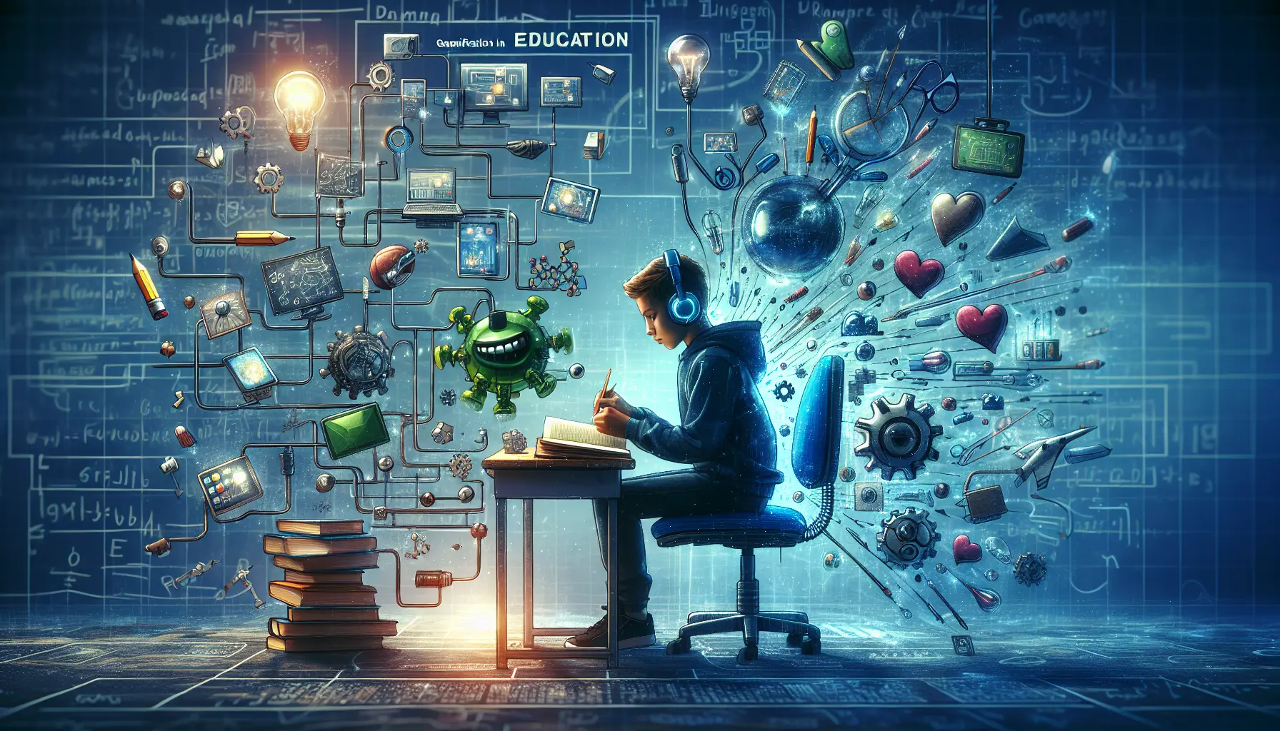 Un gruppo di studenti che interagiscono con un quiz interattivo su un tablet, immersi in un ambiente di apprendimento ludico.