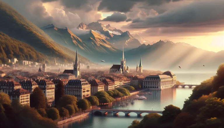 Vista panoramica del Lago di Ginevra con il Jet d'Eau e le Alpi sullo sfondo.