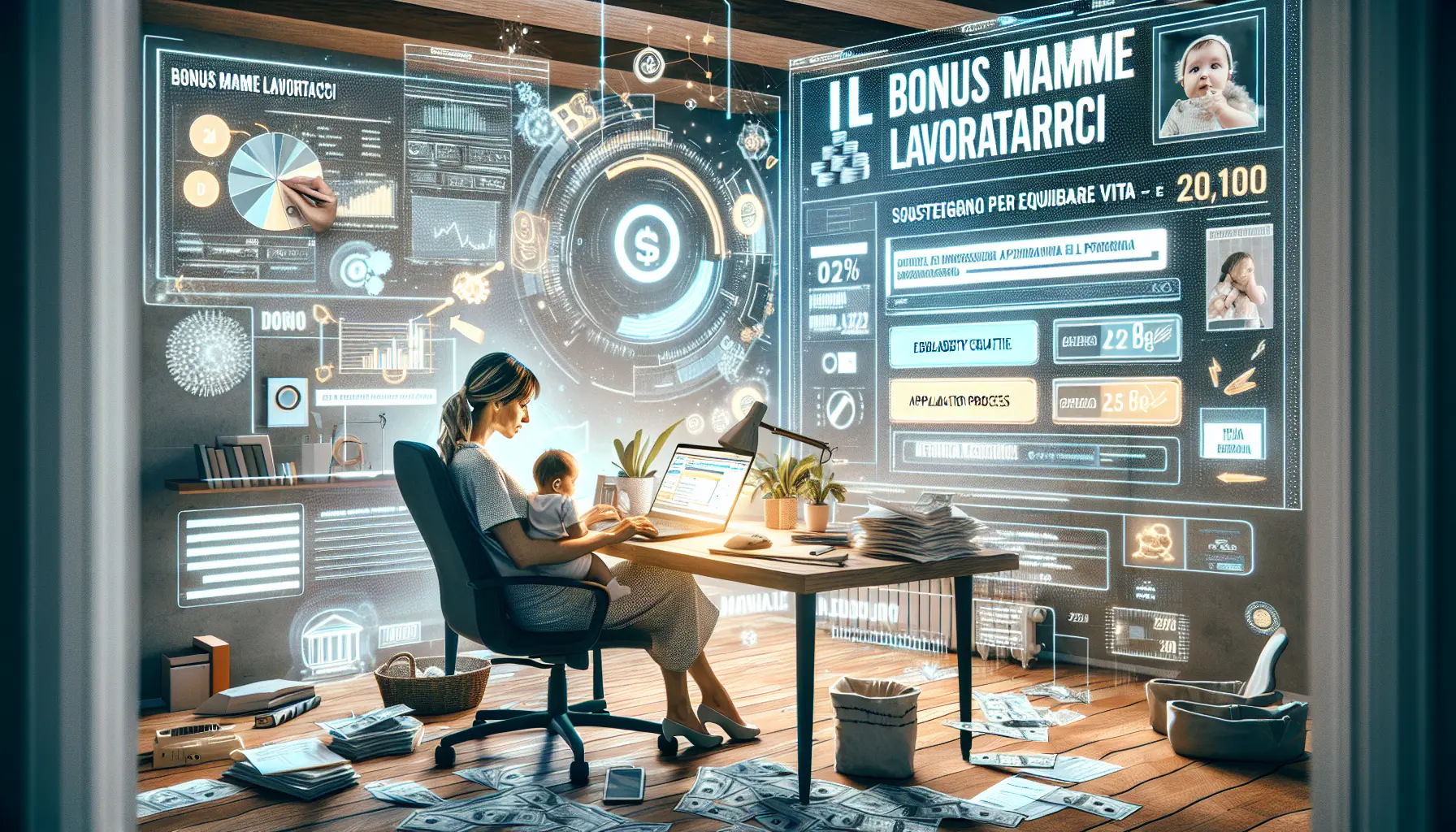 Una madre che lavora al computer mentre gioca con il suo bambino, simboleggiando l'equilibrio tra lavoro e famiglia.