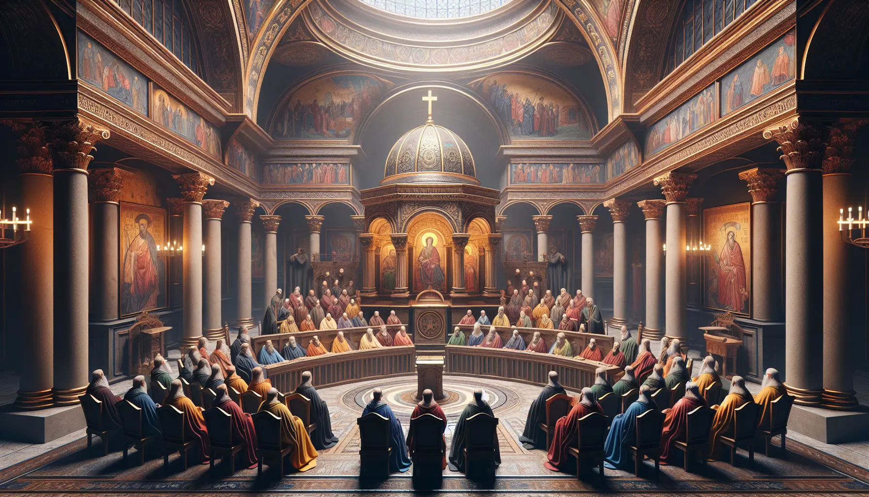 Rappresentazione artistica del Concilio di Calcedonia, con vescovi riuniti in discussione su questioni teologiche.