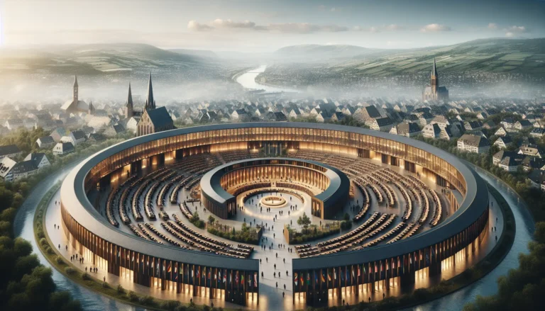 Rappresentazione del Congresso di Aquisgrana con leader europei che discutono attorno a un tavolo di trattative.