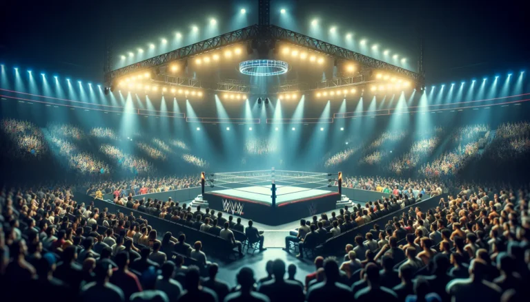 Un'immagine di un evento di wrestling con superstar sul ring, circondati da fan entusiasti.