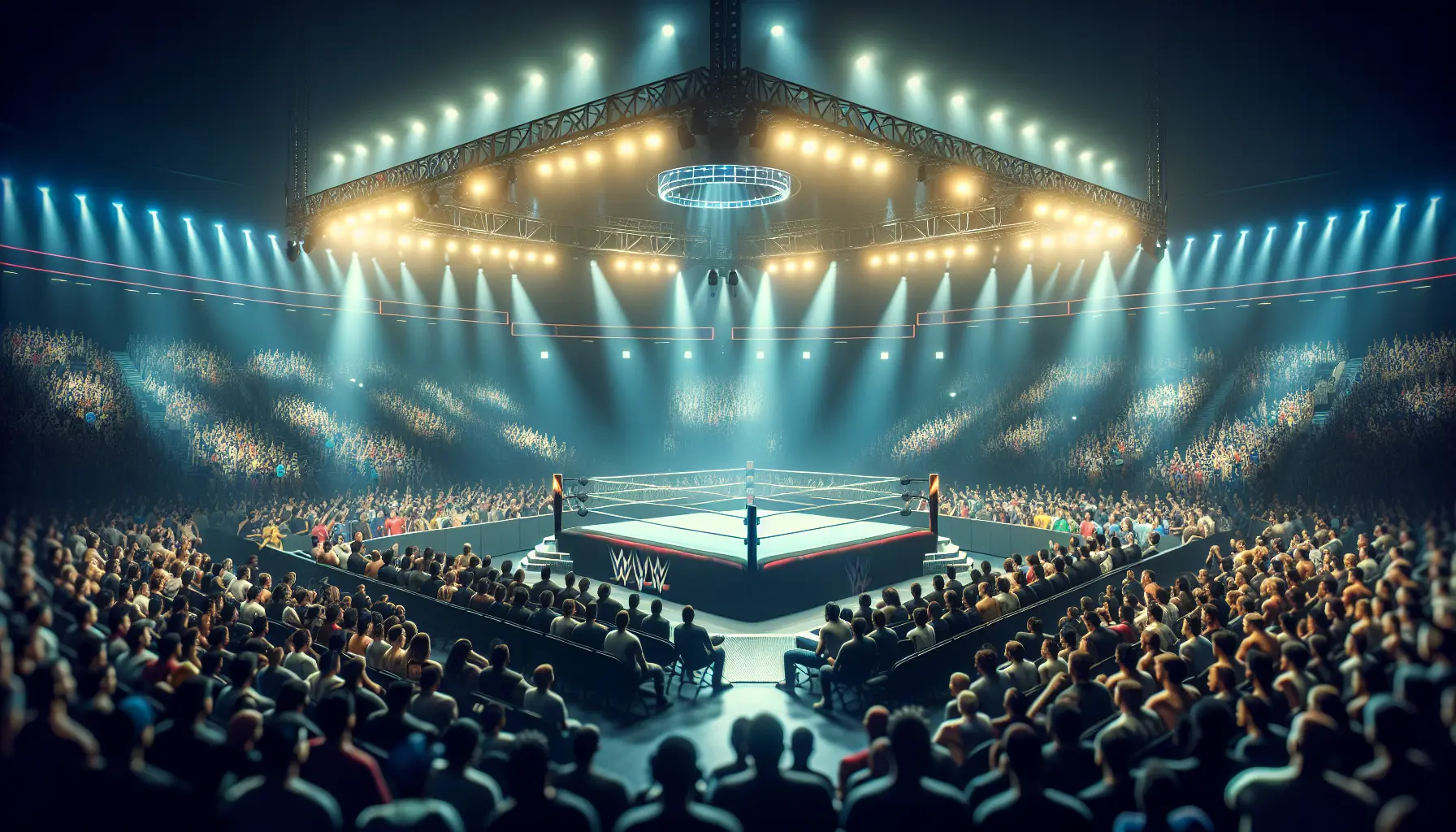 Un'immagine di un evento di wrestling con superstar sul ring, circondati da fan entusiasti.