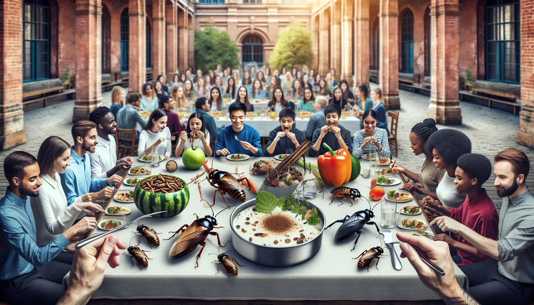 Un piatto creativo con insetti commestibili, rappresentante la fusione tra tradizione culinaria e innovazione sostenibile.