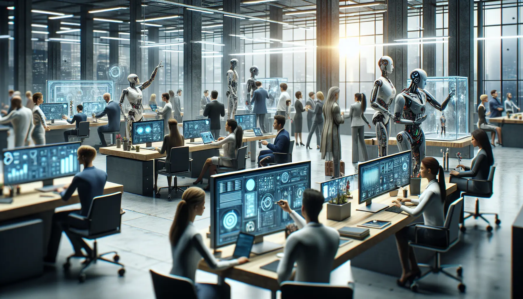 Professionisti al lavoro in un ambiente tecnologico moderno, con computer e strumenti digitali.