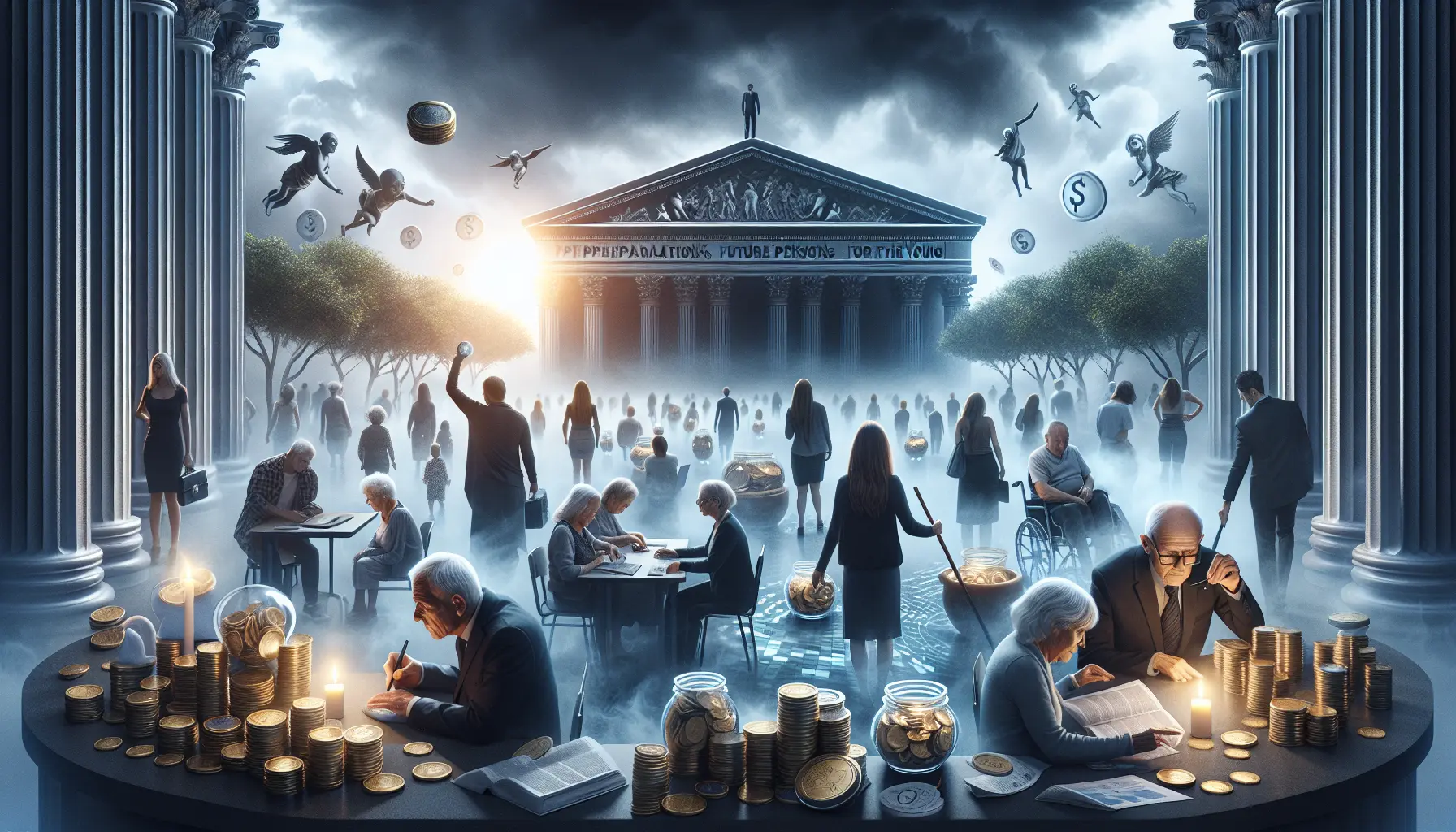 Un giovane che riflette sulla pianificazione pensionistica con un laptop e appunti