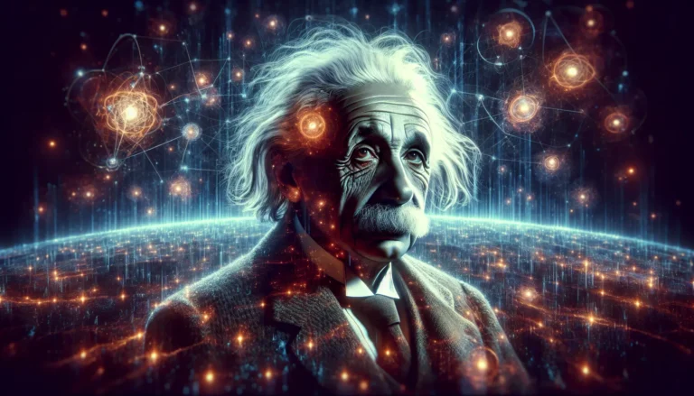 Ritratto di Albert Einstein con espressione pensierosa in un laboratorio di fisica, circondato da formule e libri.