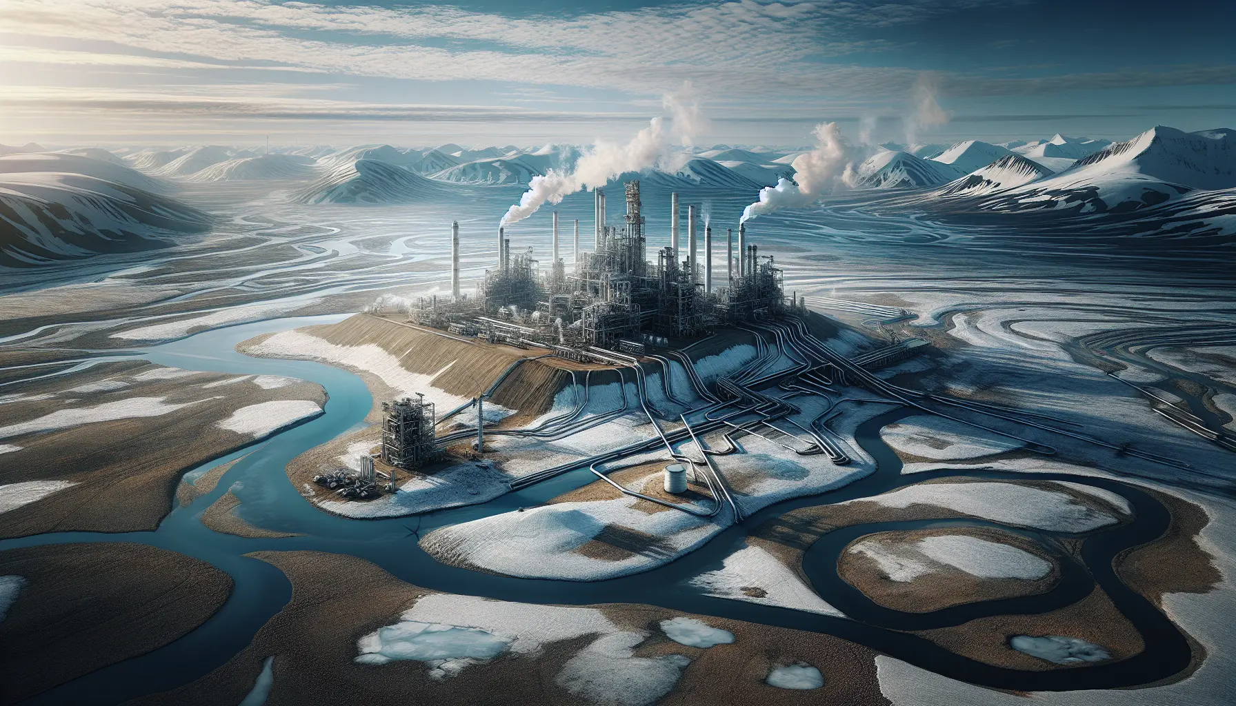 Immagine del giacimento di gas Yamal con attrezzature di estrazione e paesaggio artico