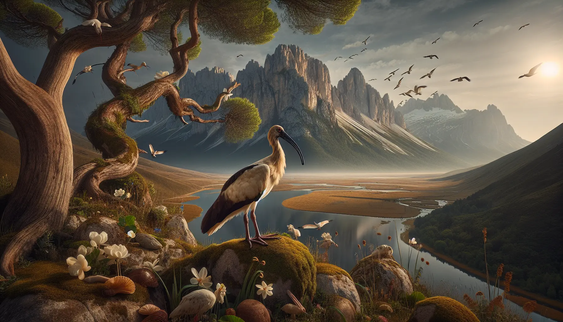 Un ibis eremita in volo sopra un paesaggio naturale italiano, simbolo di speranza per la biodiversità.