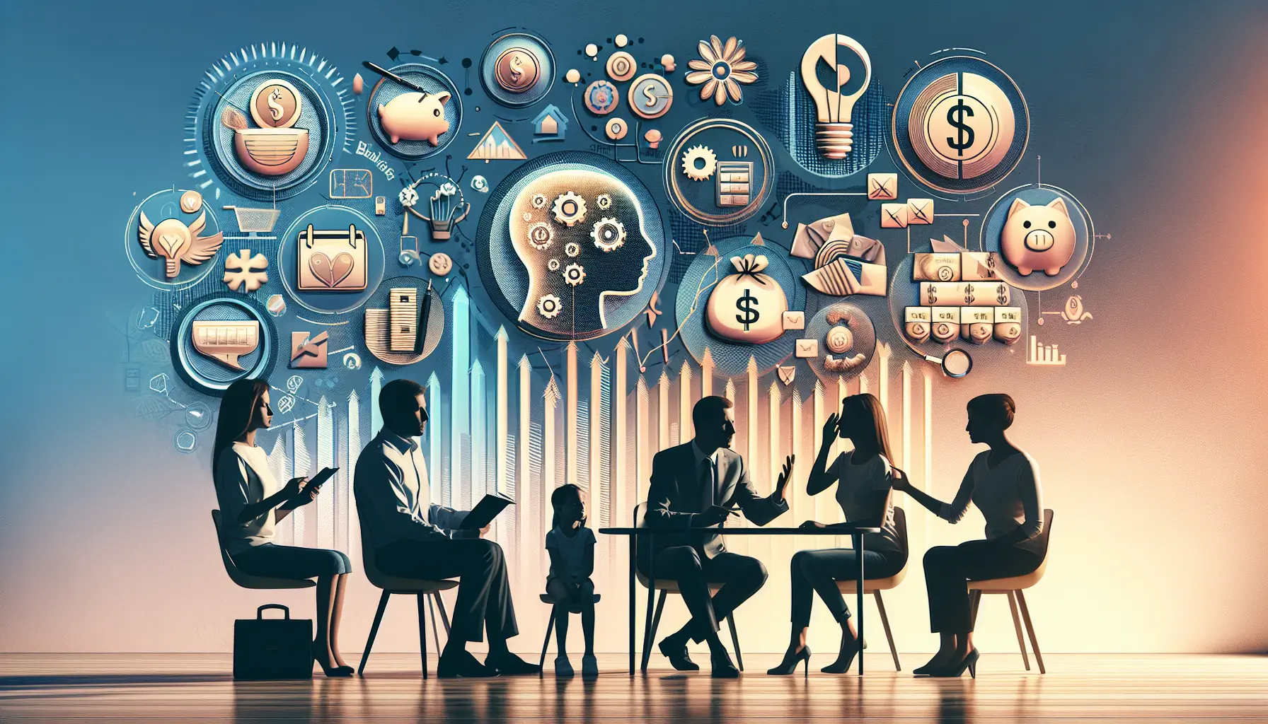 Famiglia che discute di finanza attorno a un tavolo con un computer e documenti