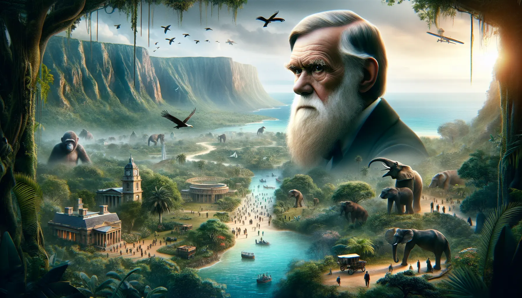 Charles Darwin in un contesto naturale, circondato da piante e animali, simbolo della sua esplorazione scientifica.
