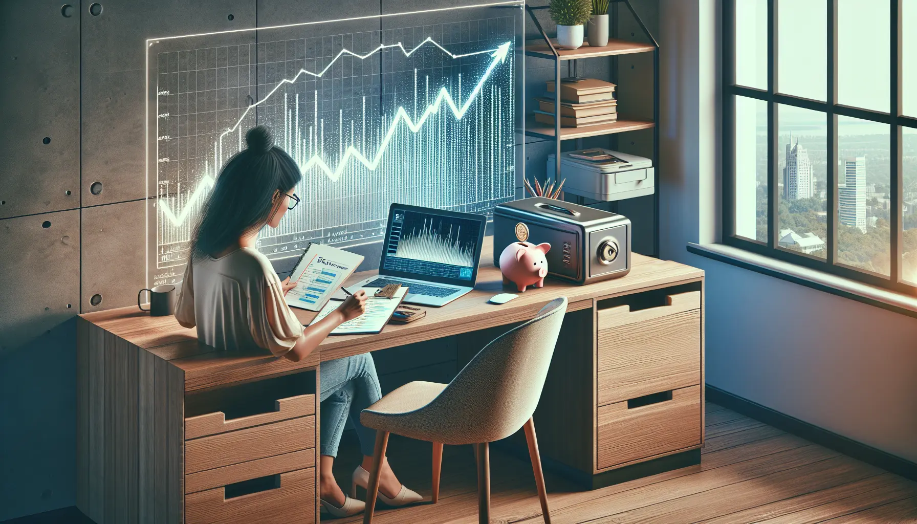 Un professionista freelance al lavoro con un laptop e documenti, simbolo di libertà e gestione finanziaria.