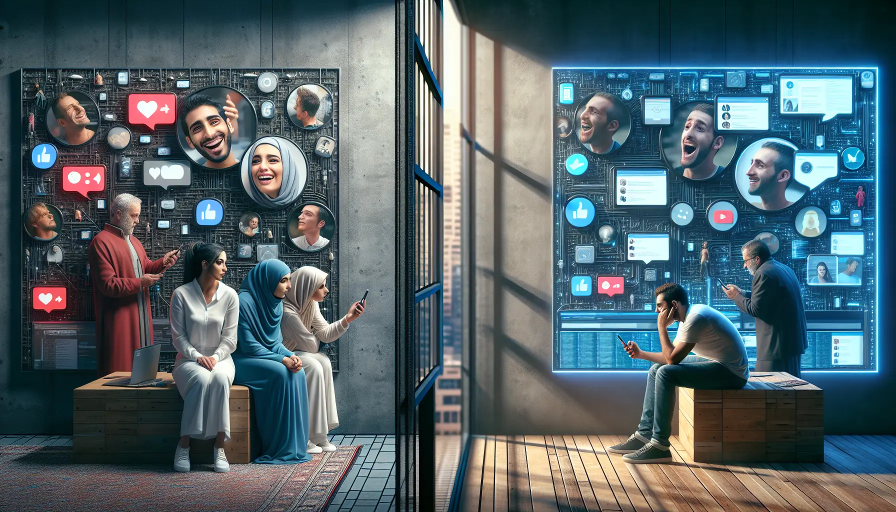 Un gruppo di amici che si connettono attraverso la tecnologia, mostrando interazioni digitali e relazioni moderne.