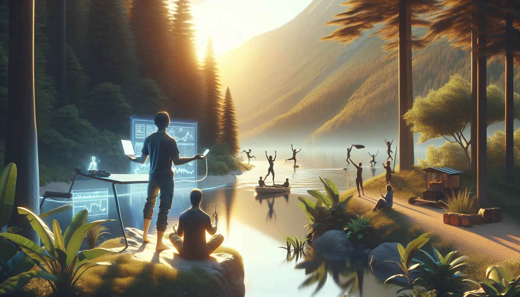 Un'immagine che incarna il concetto di minimalismo digitale, mostrando una persona che medita in un ambiente naturale, lontana dai dispositivi tecnologici.