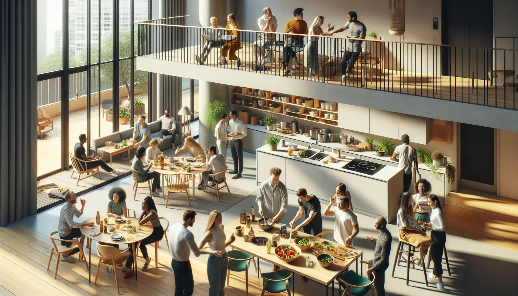 Persone che interagiscono in uno spazio comune di un progetto di cohousing