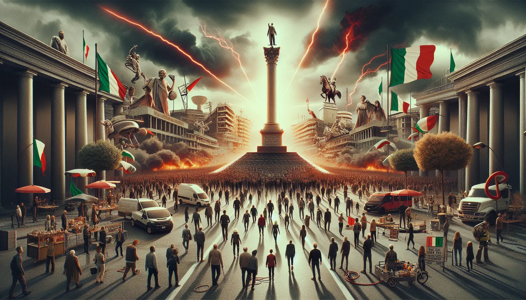 Manifestazione di protesta con cartelli e bandiere per lo sciopero generale in Italia