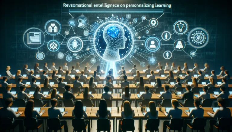 Un insegnante che utilizza un tablet per personalizzare l'apprendimento degli studenti, circondato da tecnologia educativa innovativa.