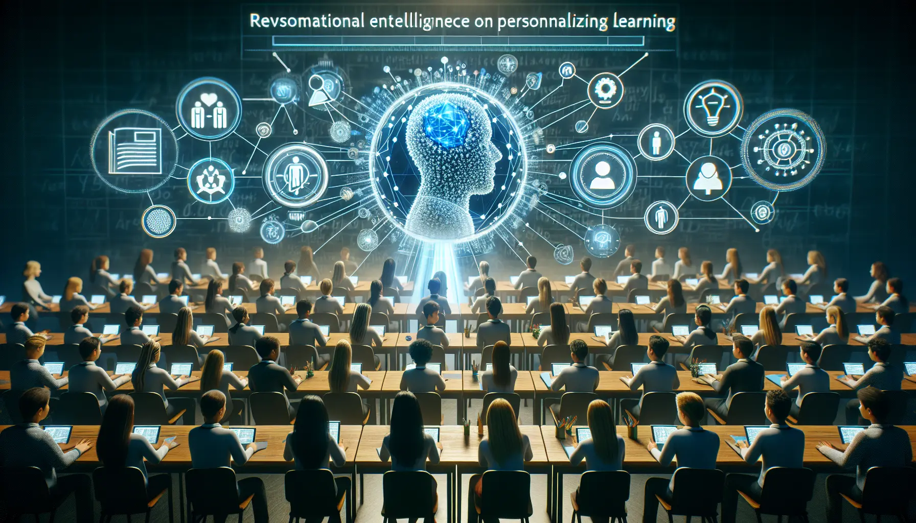 Un insegnante che utilizza un tablet per personalizzare l'apprendimento degli studenti, circondato da tecnologia educativa innovativa.
