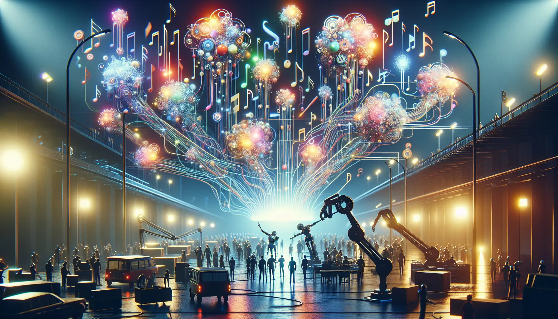 Un collage di opere d'arte generate da algoritmi di intelligenza artificiale e rappresentazioni musicali digitali.