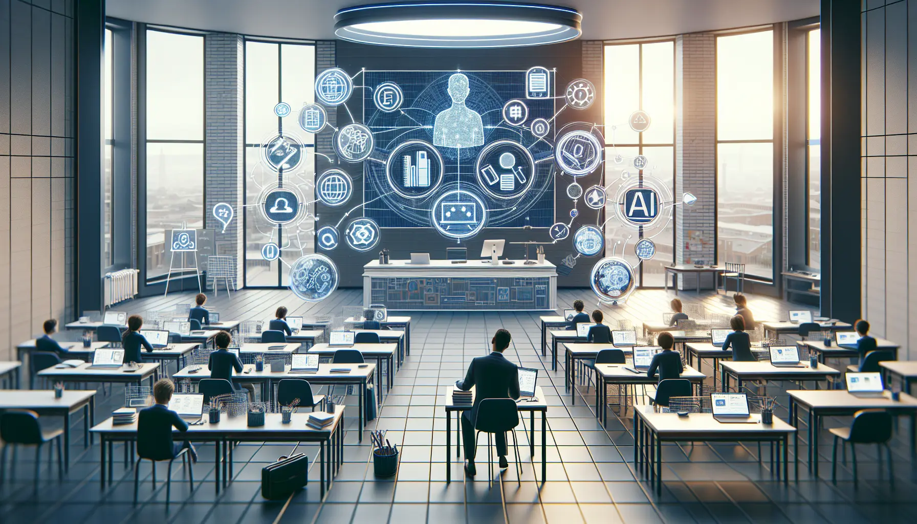 Studente che utilizza un computer con software di intelligenza artificiale in aula.