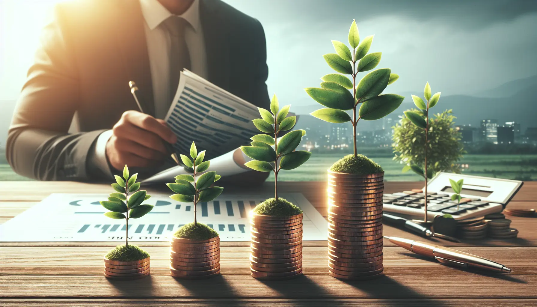 Famiglia che discute di investimenti sostenibili in un ambiente sereno e naturale.