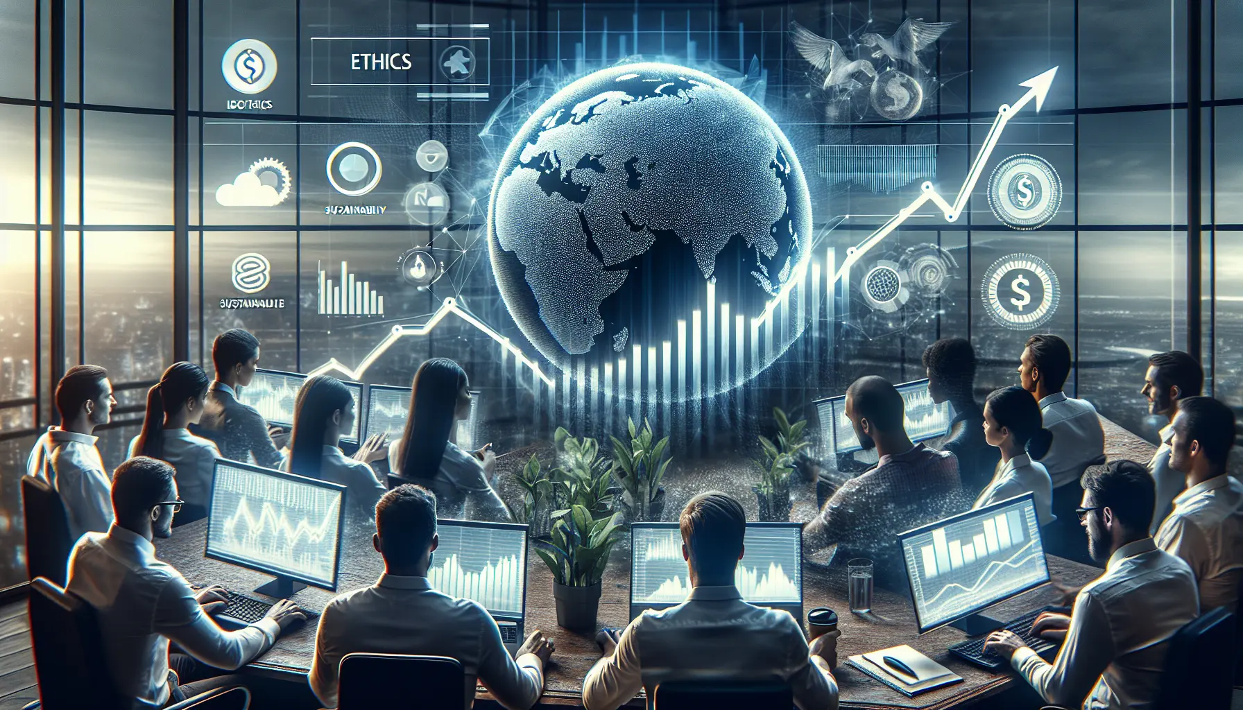 Rappresentazione grafica di un portafoglio di investimenti etici, con simboli di sostenibilità e valori etici.