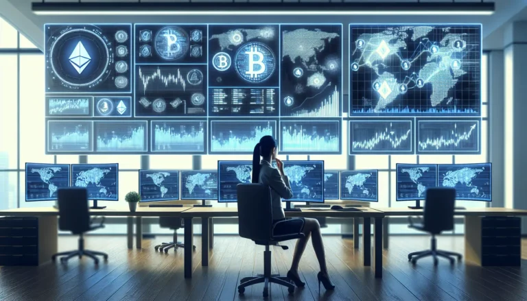 Grafico che rappresenta l'andamento delle criptovalute nel tempo, con simboli di Bitcoin ed Ethereum in primo piano.