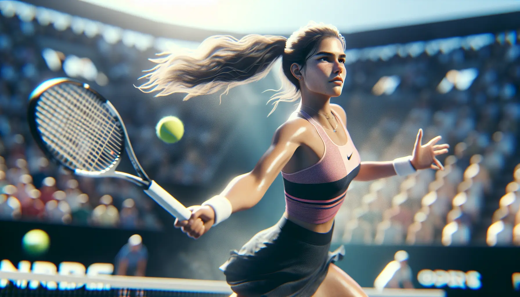 Jasmine Paolini in azione durante un torneo di tennis, con la racchetta in mano e un'espressione concentrata mentre colpisce la palla.
