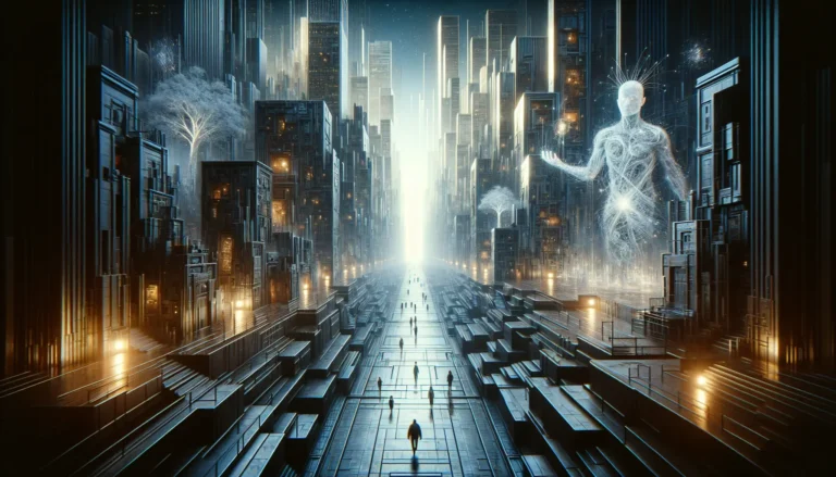 Ritratto di Jean-Paul Sartre con sfondo di libri e appunti filosofici